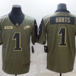 Men's Philadelphia Eagles #1 Jalen Hurts 2021 Olive Salute To Service Limited Stitched Jersey