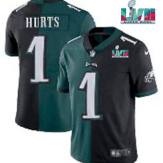 Men's Philadelphia Eagles #1 Jalen Hurts Black & Green Split Super Bowl LVII Patch Limited Stitched Jersey