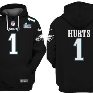 Men's Philadelphia Eagles #1 Jalen Hurts Black Super Bowl LVII Patch Pullover Hoodie