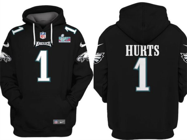Men's Philadelphia Eagles #1 Jalen Hurts Black Super Bowl LVII Patch Pullover Hoodie