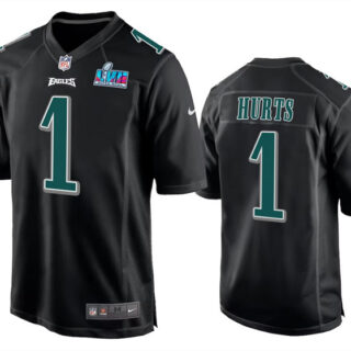 Men's Philadelphia Eagles #1 Jalen Hurts Black Super Bowl LVII Patch Stitched Game Jersey