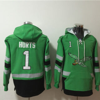 Men's Philadelphia Eagles #1 Jalen Hurts Green Ageless Must-Have Lace-Up Pullover Hoodie
