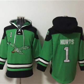Men's Philadelphia Eagles #1 Jalen Hurts Green Ageless Must-Have Lace-Up Pullover HoodieS