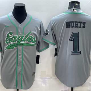 Men's Philadelphia Eagles #1 Jalen Hurts Grey With Patch Cool Base Stitched Baseball Jerseys