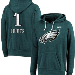 Men's Philadelphia Eagles #1 Jalen Hurts Midnight Green Super Bowl LVII Name & Number Pullover Hoodie