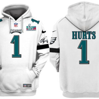 Men's Philadelphia Eagles #1 Jalen Hurts White Super Bowl LVII Patch Pullover Hoodie