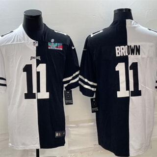 Men's Philadelphia Eagles #11 A.J. Brown Black & White Split Super Bowl LVII Patch Limited Stitched Jersey