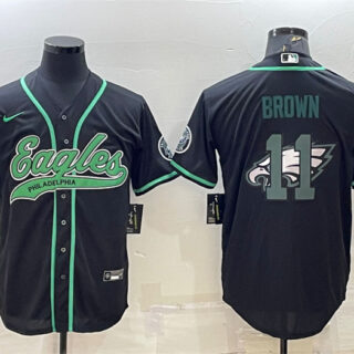 Men's Philadelphia Eagles #11 A. J. Brown Black Team Big Logo With Patch Cool Base Stitched Baseball Jersey