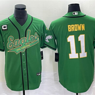Men's Philadelphia Eagles #11 A. J. Brown Green Gold With C Patch Cool Base Stitched Baseball Jersey