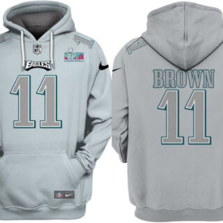 Men's Philadelphia Eagles #11 A.J. Brown Grey Atmosphere Fashion Super Bowl LVII Patch Pullover Hoodie