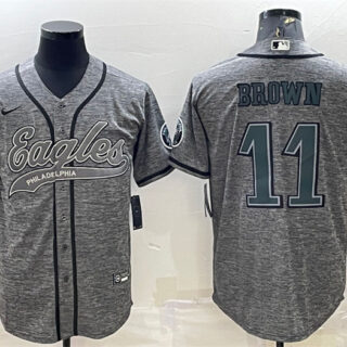 Men's Philadelphia Eagles #11 A. J. Brown Grey With Patch Cool Base Stitched Baseball Jersey