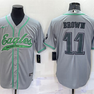 Men's Philadelphia Eagles #11 A. J. Brown Grey With Patch Cool Base Stitched Baseball Jersey