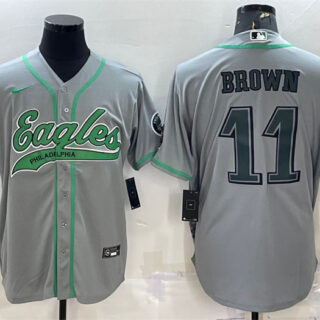Men's Philadelphia Eagles #11 A. J. Brown Grey With Patch Cool Base Stitched Baseball Jersey