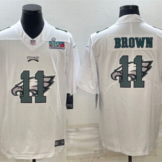 Men's Philadelphia Eagles #11 A. J. Brown Super Bowl LVII Patch White Shadow Logo Limited Stitched Jersey