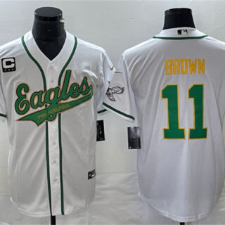Men's Philadelphia Eagles #11 A. J. Brown White Gold With C Patch Cool Base Stitched Baseball Jersey