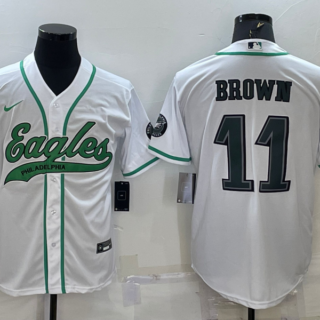 Men's Philadelphia Eagles #11 A. J. Brown White With Patch Cool Base Stitched Baseball Jersey