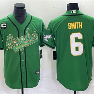 Men's Philadelphia Eagles #6 DeVonta Smith Green Gold With C Patch Cool Base Stitched Baseball Jersey