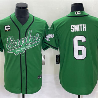 Men's Philadelphia Eagles #6 DeVonta Smith Green With C Patch Cool Base Stitched Baseball Jersey