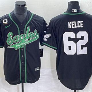 Men's Philadelphia Eagles #62 Jason Kelce Black With C Patch Cool Base Stitched Baseball Jersey