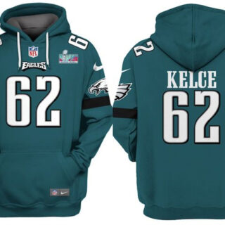 Men's Philadelphia Eagles #62 Jason Kelce Green Super Bowl LVII Patch Pullover Hoodie