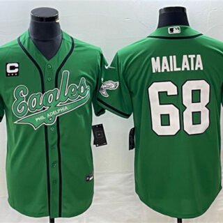 Men's Philadelphia Eagles #68 Jordan Mailata Green With C Patch Cool Base Stitched Baseball Jersey