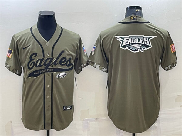 Men's Philadelphia Eagles Olive 2022 Salute To Service Team Big Logo Cool Base Stitched Baseball Jersey