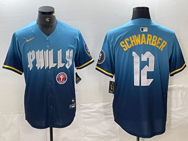 Men's Philadelphia Phillies #12 Kyle Schwarber Blue 2024 City Connect Limited Stitched Jersey