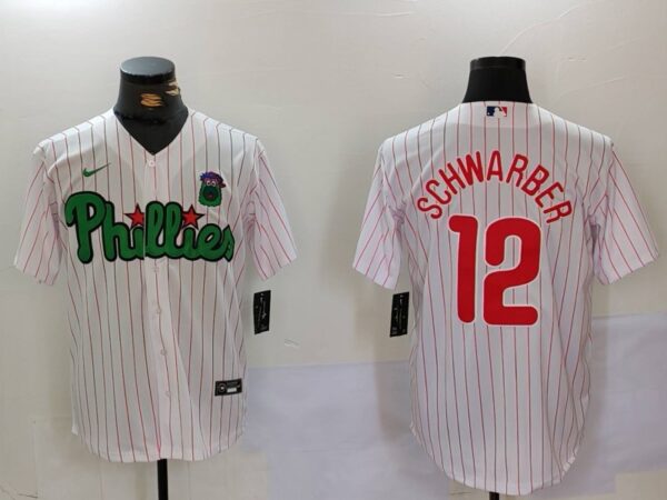 Men's Philadelphia Phillies #12 Kyle Schwarber White Green Cool Base Stitched Jerseys