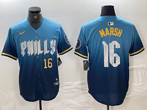 Men's Philadelphia Phillies #16 Brandon Marsh Blue 2024 City Connect Limited Stitched Jersey
