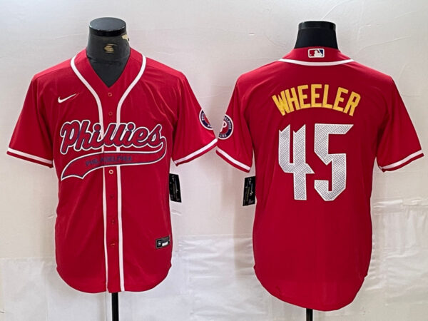 Men's Philadelphia Phillies #45 Zack Wheeler Red 2024 City Connect Limited Stitched Baseball Jersey