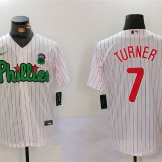 Men's Philadelphia Phillies #7 Trea Turner White Green Cool Base Stitched Jersey