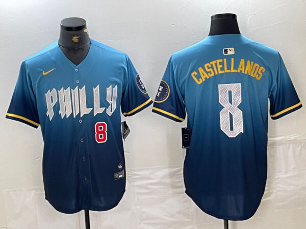 Men's Philadelphia Phillies #8 Nick Castellanos Blue 2024 City Connect Limited Stitched Jersey