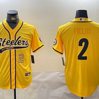 Men's Pittsburgh Steelers #2 Justin Fields Yellow With Patch Cool Base Stitched Baseball Jerseys