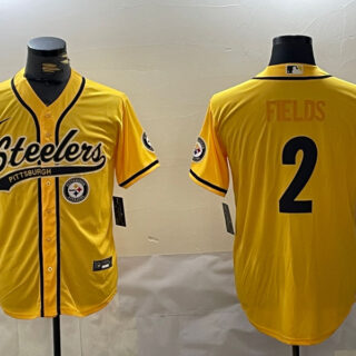 Men's Pittsburgh Steelers #2 Justin Fields Yellow With Patch Cool Base Stitched Baseball Jerseys