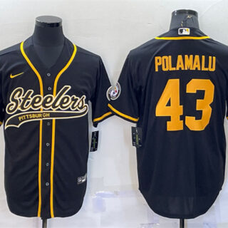 Men's Pittsburgh Steelers #43 Troy Polamalu Black Gold With Patch Cool Base Stitched Baseball Jersey