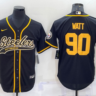 Men's Pittsburgh Steelers #90 T.J. Watt Black Gold With Patch Cool Base Stitched Baseball Jersey