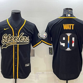 Men's Pittsburgh Steelers #90 T. J. Watt Black Team Big Logo With Patch Cool Base Stitched Baseball Jersey