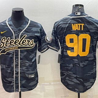 Men's Pittsburgh Steelers #90 T. J. Watt Grey Navy Camo With Patch Cool Base Stitched Baseball Jersey