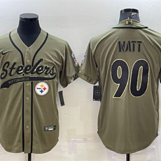 Men's Pittsburgh Steelers #90 T.J. Watt Olive 2022 Salute To Service Cool Base Stitched Baseball Jersey