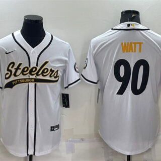 Men's Pittsburgh Steelers #90 T.J. Watt White With Patch Cool Base Stitched Baseball Jersey