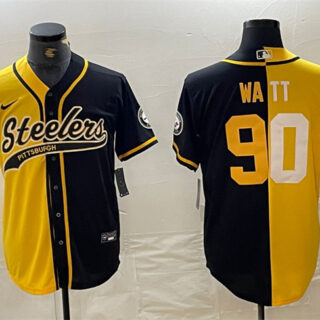 Men's Pittsburgh Steelers #90 T. J. Watt Yellow Black Split With Patch Cool Base Stitched Baseball Jersey