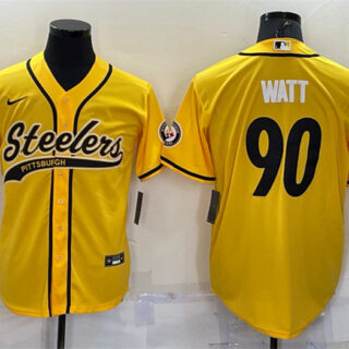 Men's Pittsburgh Steelers #90 T.J. Watt Yellow With Patch Cool Base Stitched Baseball Jersey