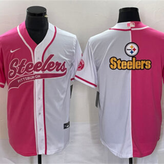 Men's Pittsburgh Steelers White Pink Split Team Big Logo Cool Base Stitched Baseball Jersey