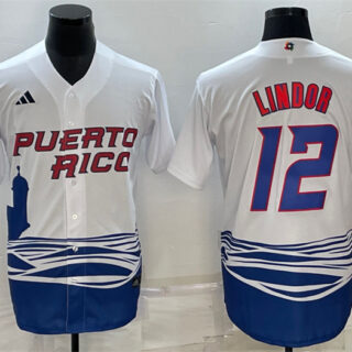 Men's Puerto Rico Baseball #12 Francisco Lindor 2023 White World Baseball Classic Replica Stitched Jersey