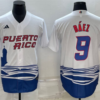 Men's Puerto Rico Baseball #9 Javier Báez 2023 White World Baseball Classic Replica Stitched Jersey