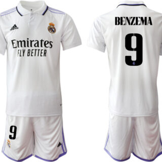 Men's Real Madrid #9 Karim Benzema 22 23 White Home Soccer Jersey Suit