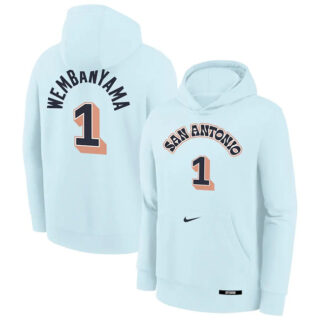 Men's San Antonio Spurs #1 Victor Wembanyama Light Blue 2024 25 City Edition Fleece Club Pullover Hoodie