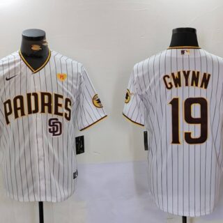 Men's San Diego Padres #19 19 Tony Gwynn White With PS Patch Cool Base Stitched Baseball Jerseys