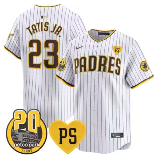 Men's San Diego Padres #23 Fernando Tatis Jr. White Ã¢Â€ÂœFor PeterÃ¢Â€Â And Petco Park 20th Patch Limited Stitched Baseball Jersey