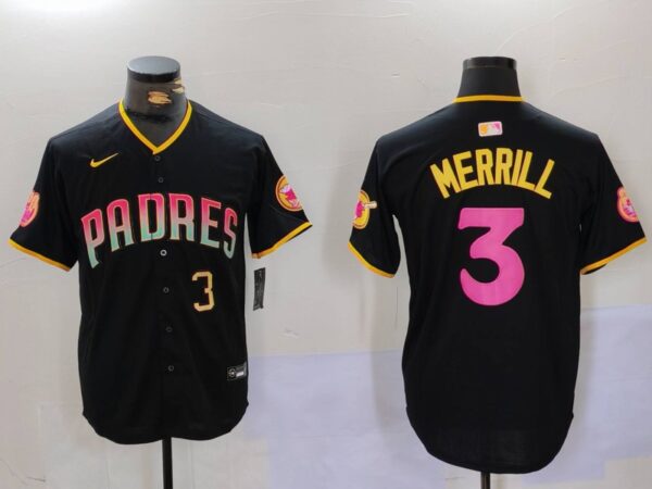Men's San Diego Padres #3 Jackson Merrill Black Cool Base Stitched Baseball Jerseys